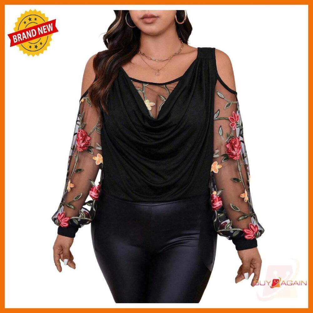 Plus Size Mesh Cold Shoulder Top Floral Embroidery Long Sleeve Tee